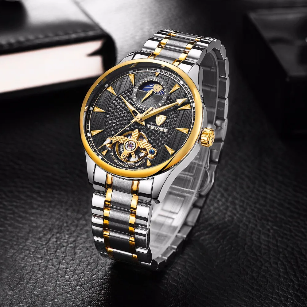 Tevise Top Brand Moon Phase Automatic Mechanical Watches Mens Tourbillon Skeleton Watch Men Stainless Steel 24 hour Clock T808B | Наручные
