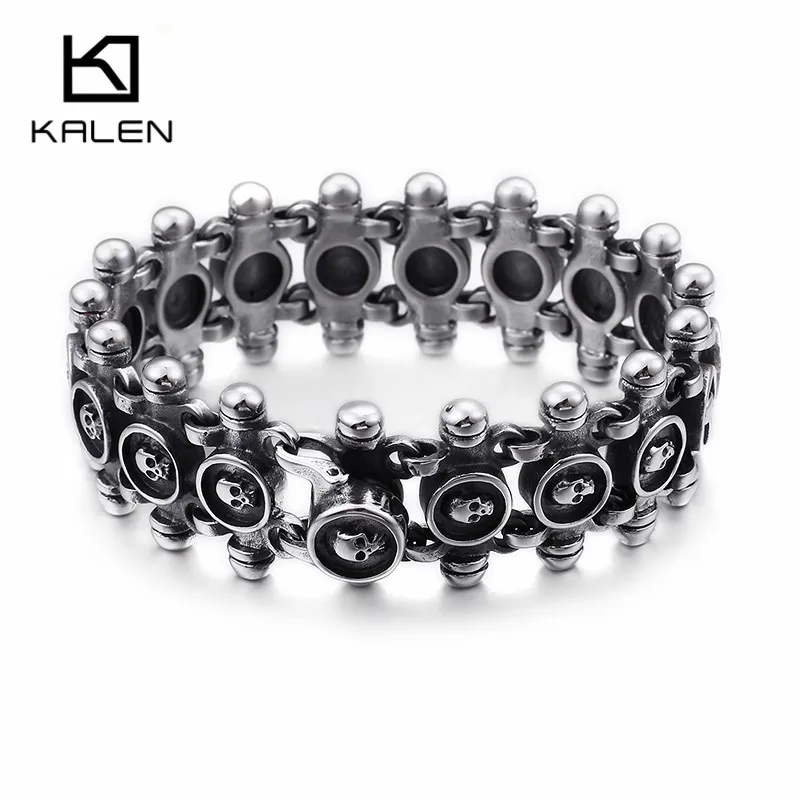 

KALEN Punk 21.5cm Skull Bracelets Men Stainless Steel Matte Linking Skull Charm Bracelets Gothic Biker Halloween Jewelry