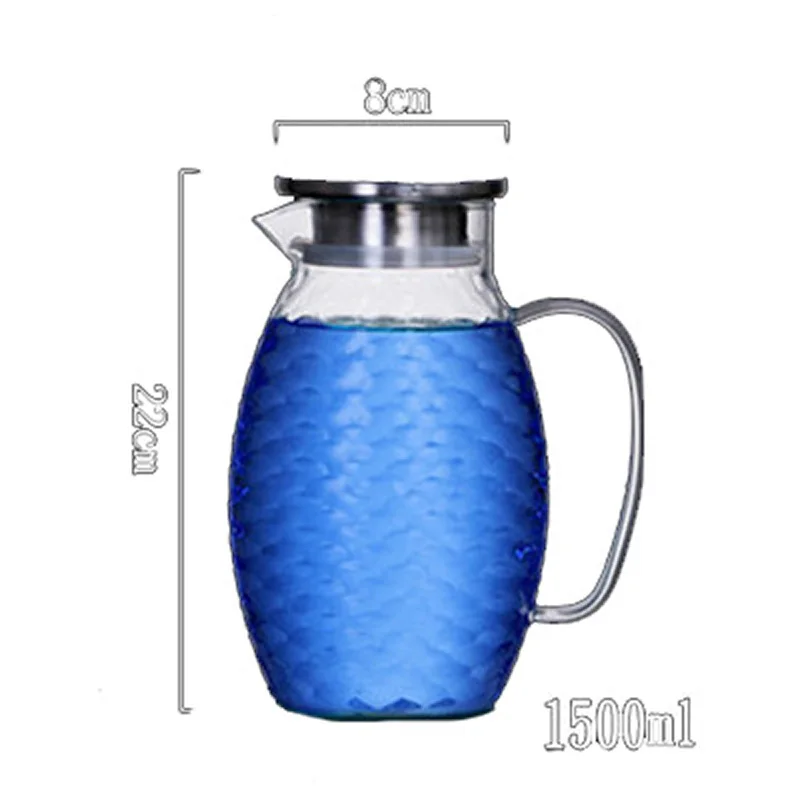1500ml Высокая емкость рыбья чешуя exture прозрачный стеклянный графин с крышкой из нержавеющей стали термостойкий кувшин для воды для напитков SH141 - Цвет: 1500ml