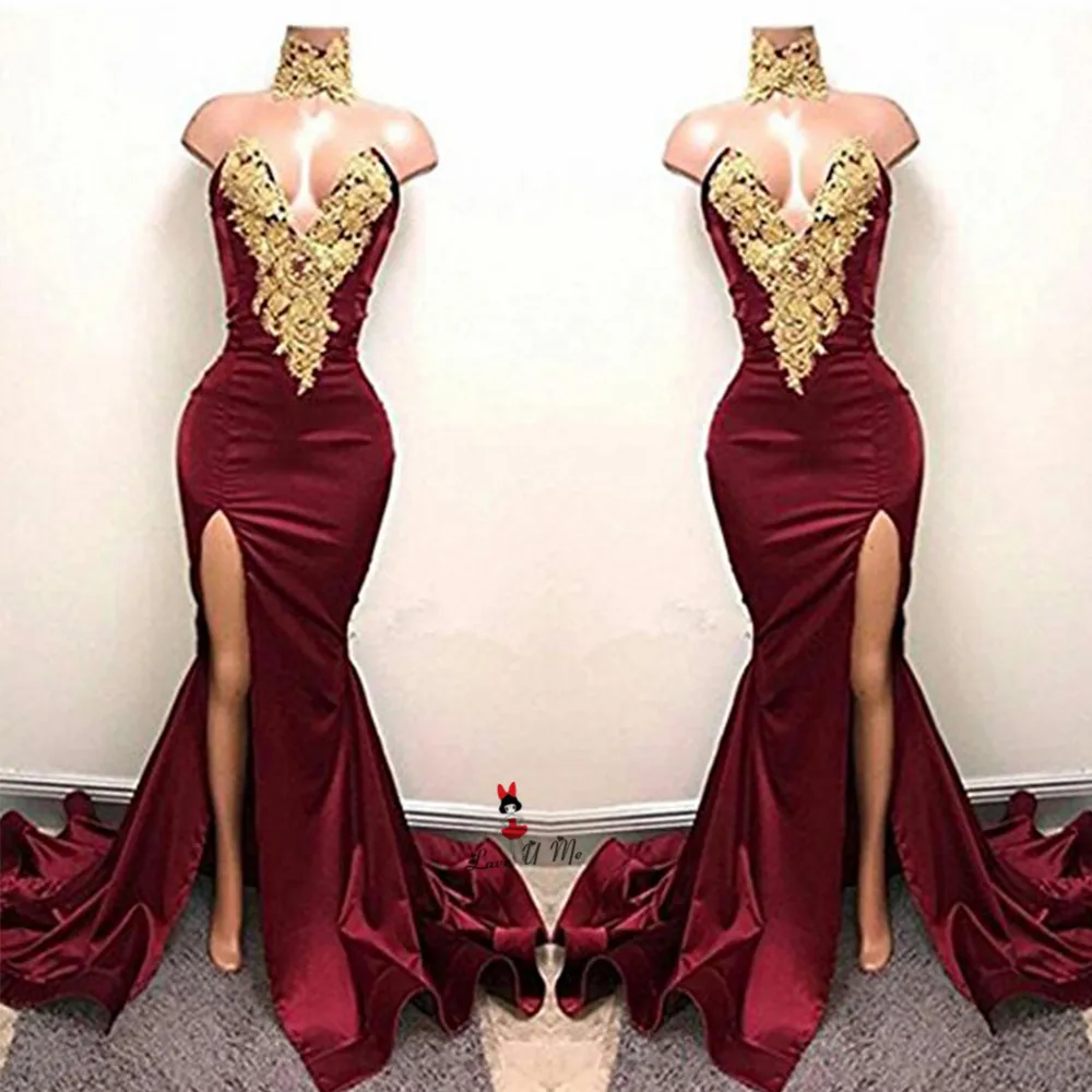 

Sexy Women Long Mermaid Prom Dresses Split Side Satin Gold Applique Lace Evening Gowns High Neck Sweep Train Vestido de Baile