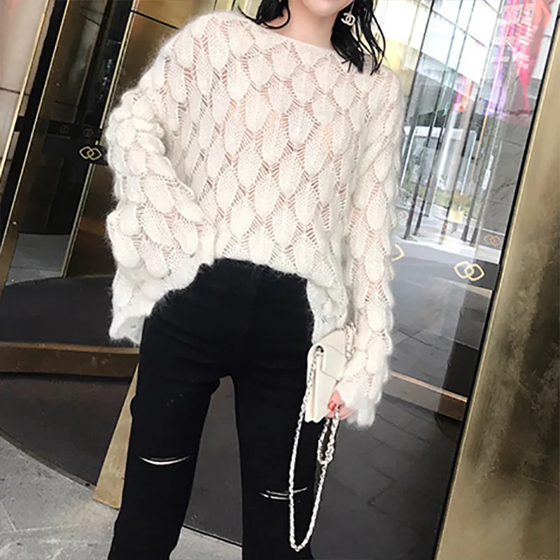 Мягкий мохеровый тонкий ажурный вязаный свитер Harajuku весенний красный модный