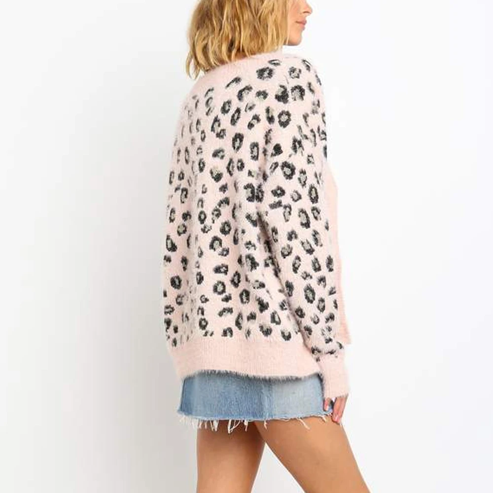 Women's Fashion Pink Leopard V-neck Long Sleeves Wool Cardigans New Loose Slim Fit Button Retro Warm Casual Sweet Sweater Coats |