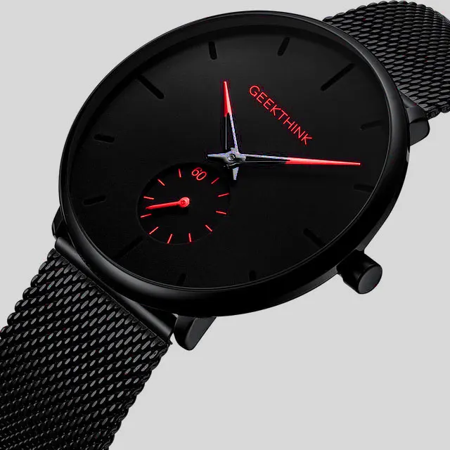 Black Red Ультра тонкие креативные черные кварцевые часы из нержавеющей стали Мужские Простые Модные деловые японские часы мужские Relogios Новые - Цвет: Black Red