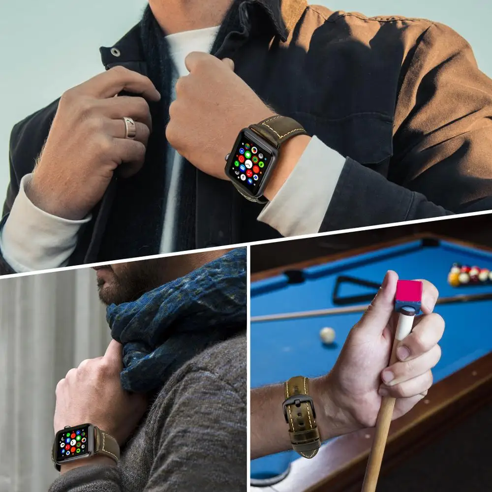 Ремешок для часов MAIKES iWatch 4 зеленый браслет из вощеной коровьей кожи 44 мм 40