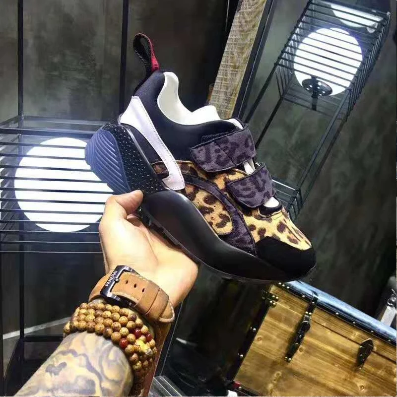 Buono Scarpe/женские кроссовки с радужной шнуровкой; фирменный дизайн; женская обувь на толстой подошве; спортивные кроссовки на танкетке из натуральной кожи - Цвет: black leopard