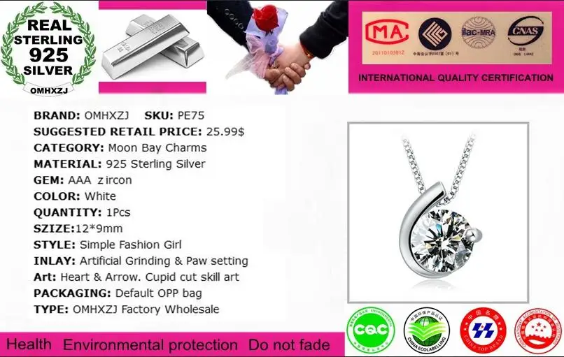 OMHXZJ Wholesale geometric Moon Bay woman fashion kpop star 925 sterling silver pendant Charms PE 75 ( NO Chain Necklace ) | Украшения и