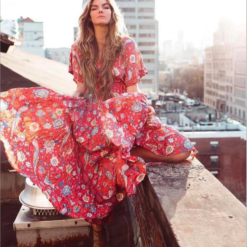 Женское Хлопковое платье макси в стиле бохо красное с цветочным принтом V