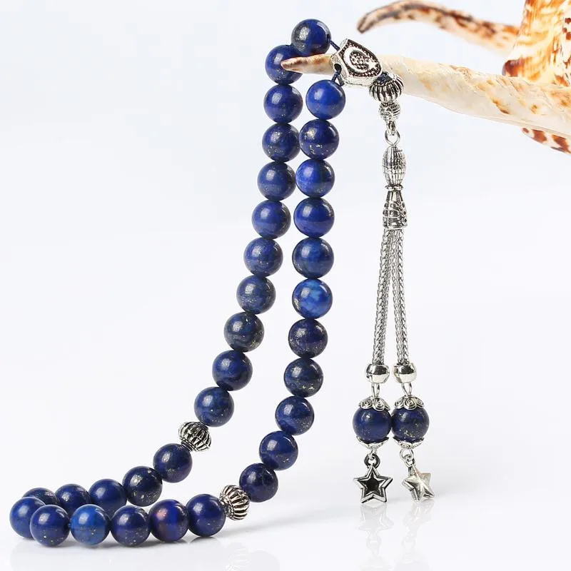 LOSHEREN натуральный Лапис камень лазурит Tasbih 8 мм 10 мм четки 33 мусульманских браслет Плетенный Ислам Misbaha ювелирные изделия - Окраска металла: 8MM  33