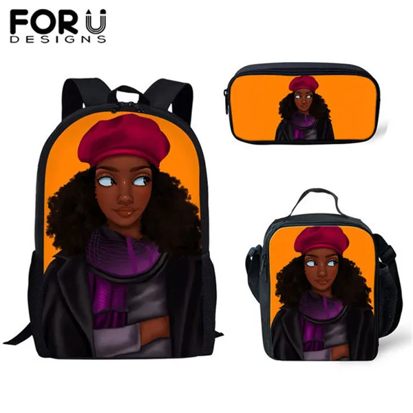 YQ3605CGK FORUDESIGNS 3 шт./компл. школьные сумки для девочек детский рюкзак с изображением мультипликационных персонажей для детей черного цвета в африканском стиле американская девушка с художественным принтом ранцы Mujer - Color: YQ3605CGK
