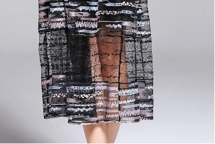 

New 2019 Summer Fashion Runway Vintage Black Dresses Women's Short Sleeve Mesh Floral Embroidery Sequined Midi Dress