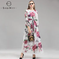 seqinyy high street dresses 2018 early autumn womans new fashion printed rose flowers wrist sleeve sashes ankle length dresses