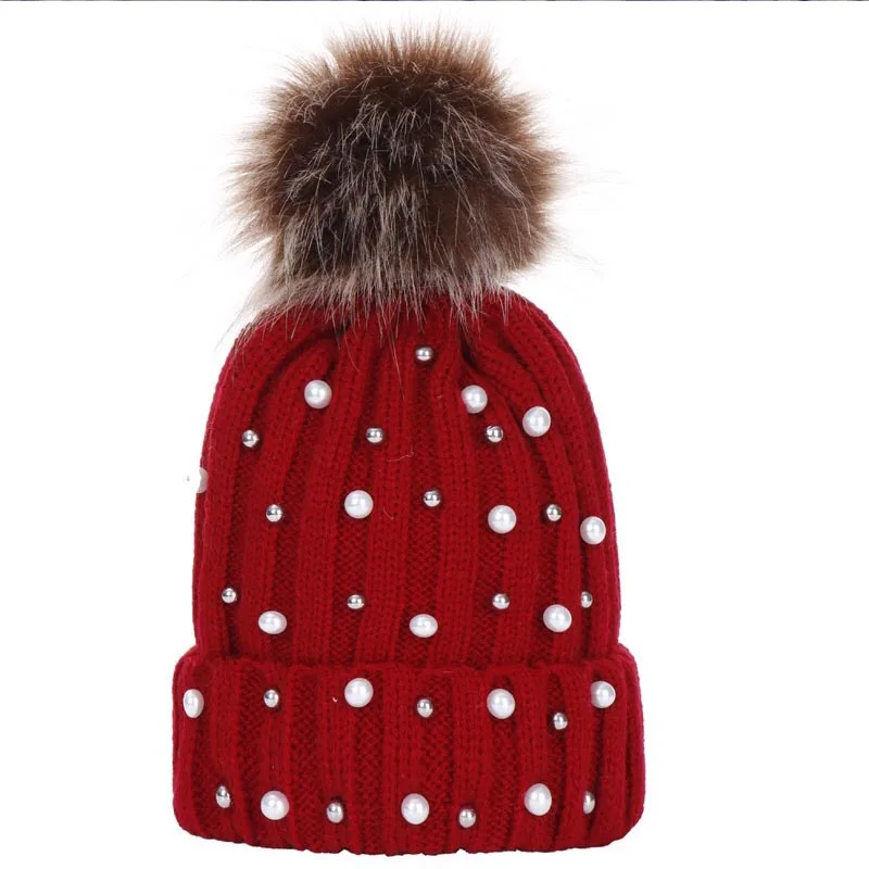 

Hot Sale Knitted Winter Hats Women Cotton Pearl Beanie Kids Warm Skullies Hats Pom Pom Soft Children Hat Cap Drop Shipping
