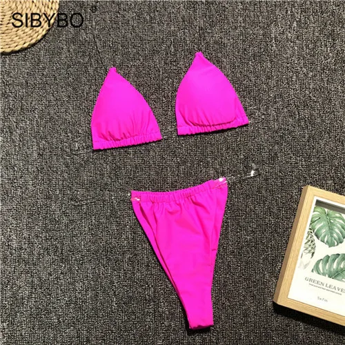 Rose Red Sibybo Холтер Высокая талия сексуальный комплект из двух частей боди Женский пуш-ап летние женские пляжные Комбинезоны купальный костюм для женщин - Цвет: Rose Red
