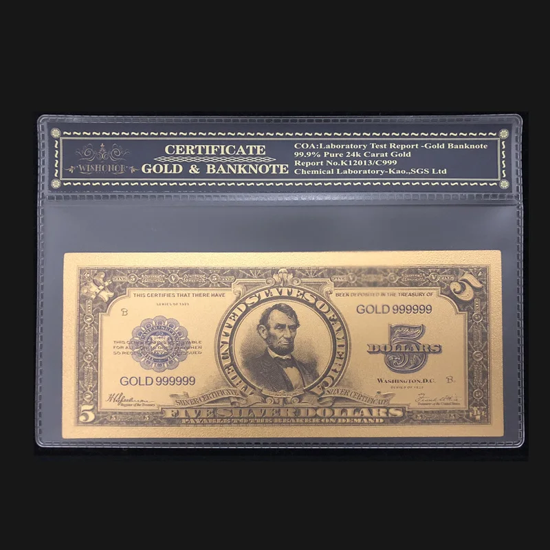 Новые Продукты США 1923 год 24 к золотые банкноты Поддельные Банкноты 5 долларов с COA