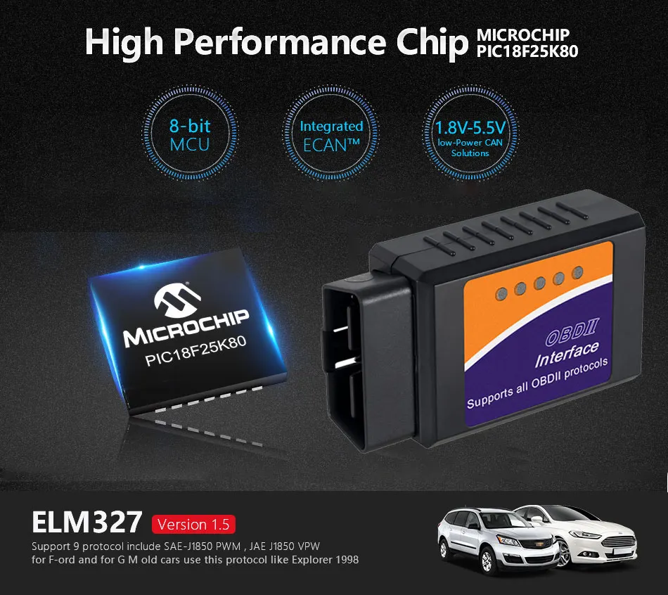 PIC18F25K80 чип ELM327 Bluetooth аппаратное обеспечение V1.5 Интерфейс ELM 327 OBD2 OBD 2 автоматический диагностический инструмент работает на Android/PC крутящий момент
