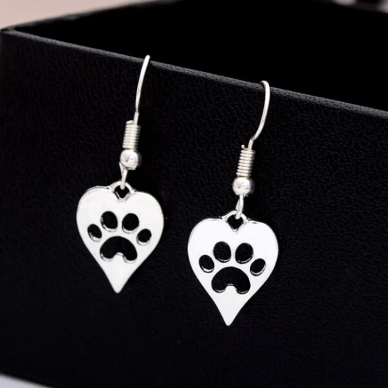 Silver Gold Heart-shaped Paws Print Pendant Charms Jewelry Dog Cat Pet Earring For Women Best Special Gift Girls | Украшения и