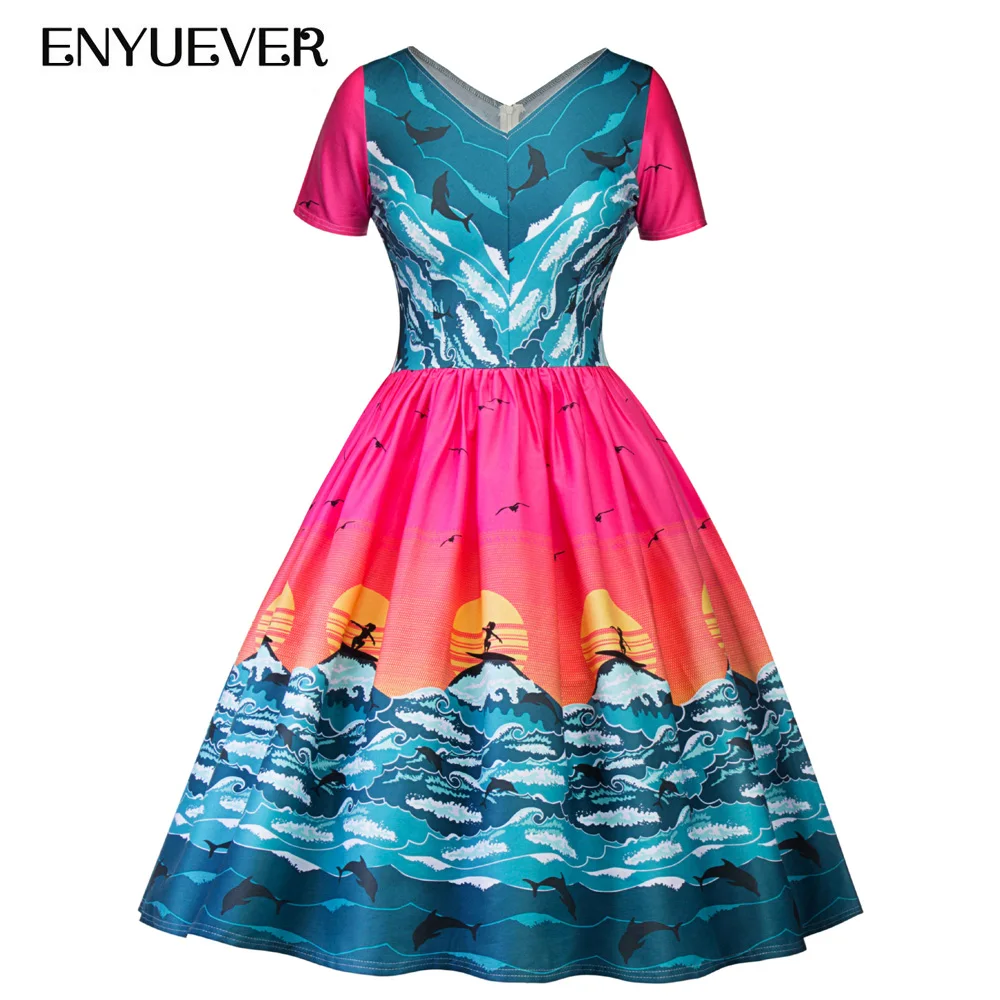 Enyuever Women Vintage Dresses 50s 60s Print Short Sleeve Swing Pin Up Tunic Vestido Casual Robe Rockabilly Dress Autumn Party | Женская