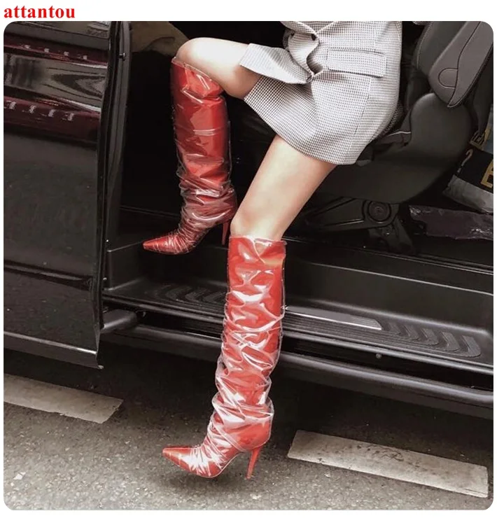 

2019 модные красные женские длинные сапоги из ПВХ, женские сапоги выше колена с острым носком, тонкие женские вечерние сапоги для клуба, шоу