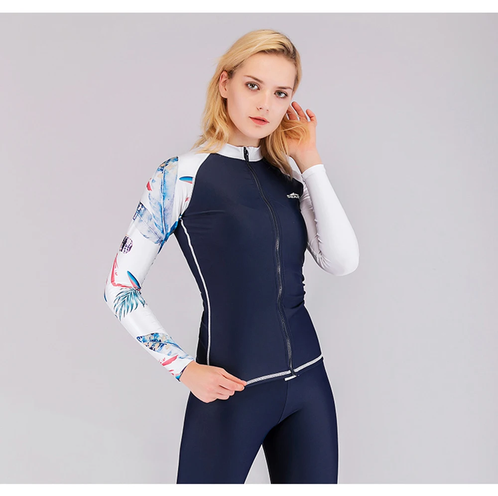 Одежда с длинным рукавом Рашгард Для женщин Surf Купальники Разделение купальник Серфинг Костюмы Высокая шея молния морские топы с принтом
