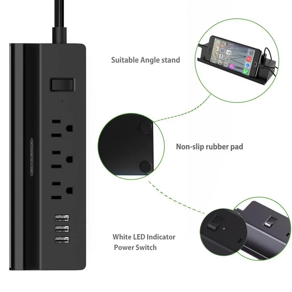 NTON power MSP USB удлинитель с вилкой США 15а переключатель перегрузки энергосберегающий 3 AC 3 usb порт для зарядки с держателем для телефона