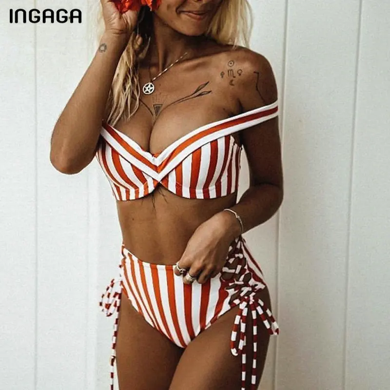 INGAGA, бикини пуш-ап,, Mujer, высокая талия, купальник для женщин, в полоску, купальник с завязками на талии, купальник для женщин, с открытыми плечами, бикини