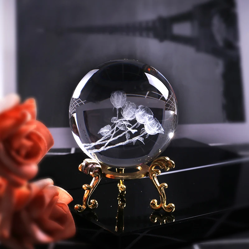 60mm 3D Laser Engraved A Bunch of Roses Sphere K9 Crystal Glass Ball for Birthday Gift Souvenir Home Decor Ornament Lovers | Дом и сад