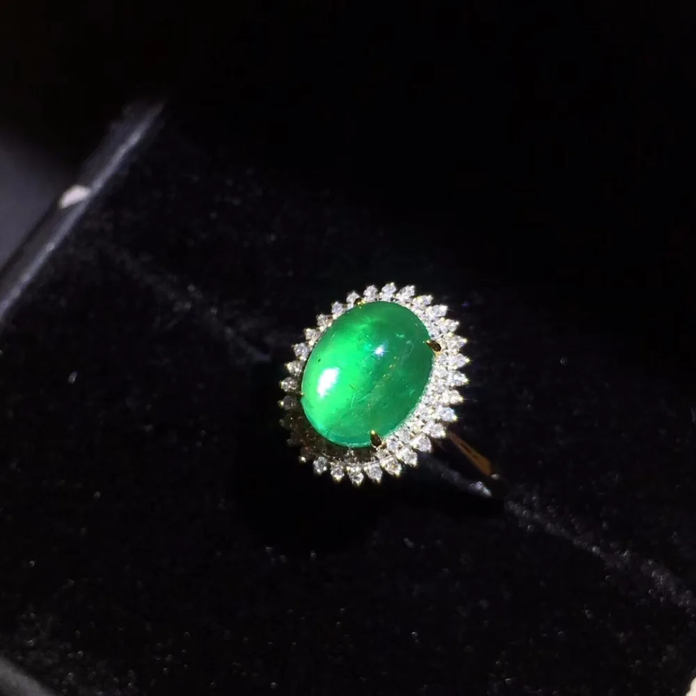 Fine Jewelry CQT 18K Gold 100% Natural Vivid Green Emerald Cabochon Gems 2.21ct 18k Diamonds Female Ring for Women Rings | Украшения и