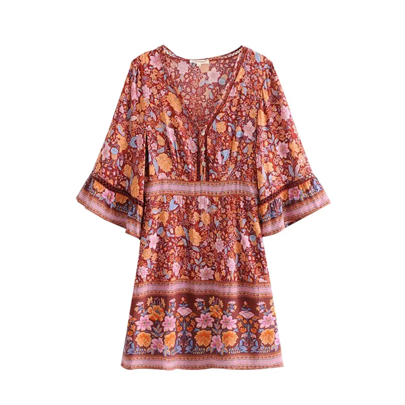 Женское винтажное мини-платье с цветочным принтом Boho Chic Пляжное Платье-кимоно