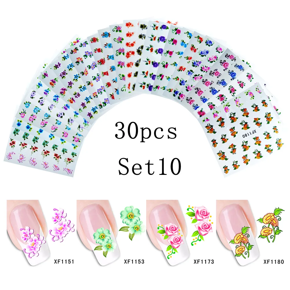 SET 10 AddFavor 30 шт. наклейка на ногти Водная передача Цветочные наклейки для дизайна ногтей s татуировки наклейки для ногтей украшения маникюрные инструменты - Цвет: SET 10
