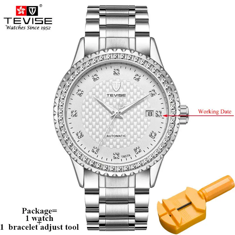 silver TEVISE T807A, автоматические мужские часы, механические, самовзводные, ремешок из нержавеющей стали, Роскошные, авто, дата, наручные часы, часы для мужчин, relogio - Цвет: silver
