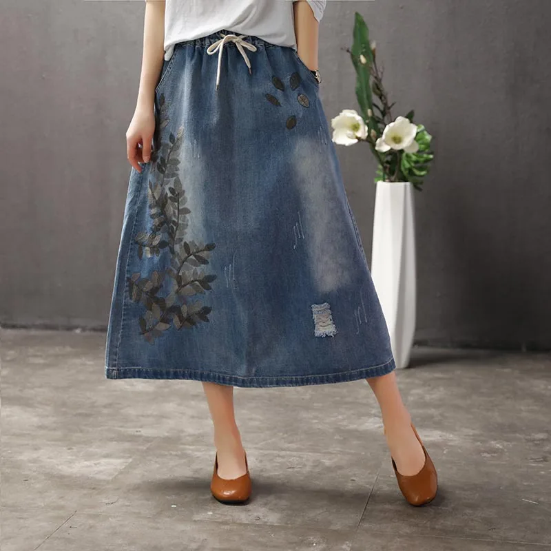 

890 summer national style retro washed hole women denim skirt female elastic waist embroidery leaves large size skirts long girl