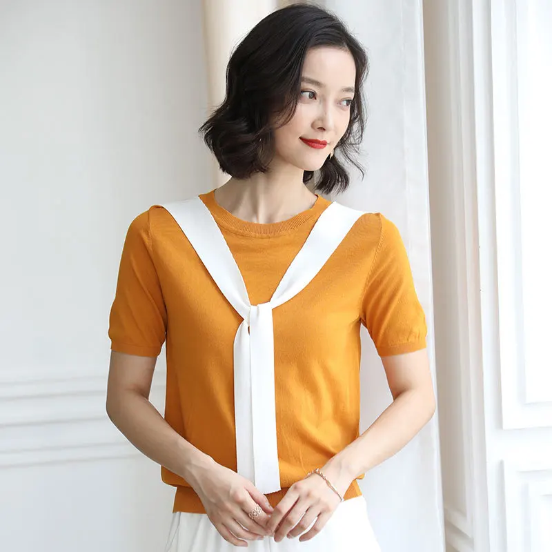 Suvance 2019 Summer Office Lady Knitted O Neck 3 Solid Color Short Sleeve Thin Sweater Size S-xl Women Loose Pullover Jl-hy1929 | Женская