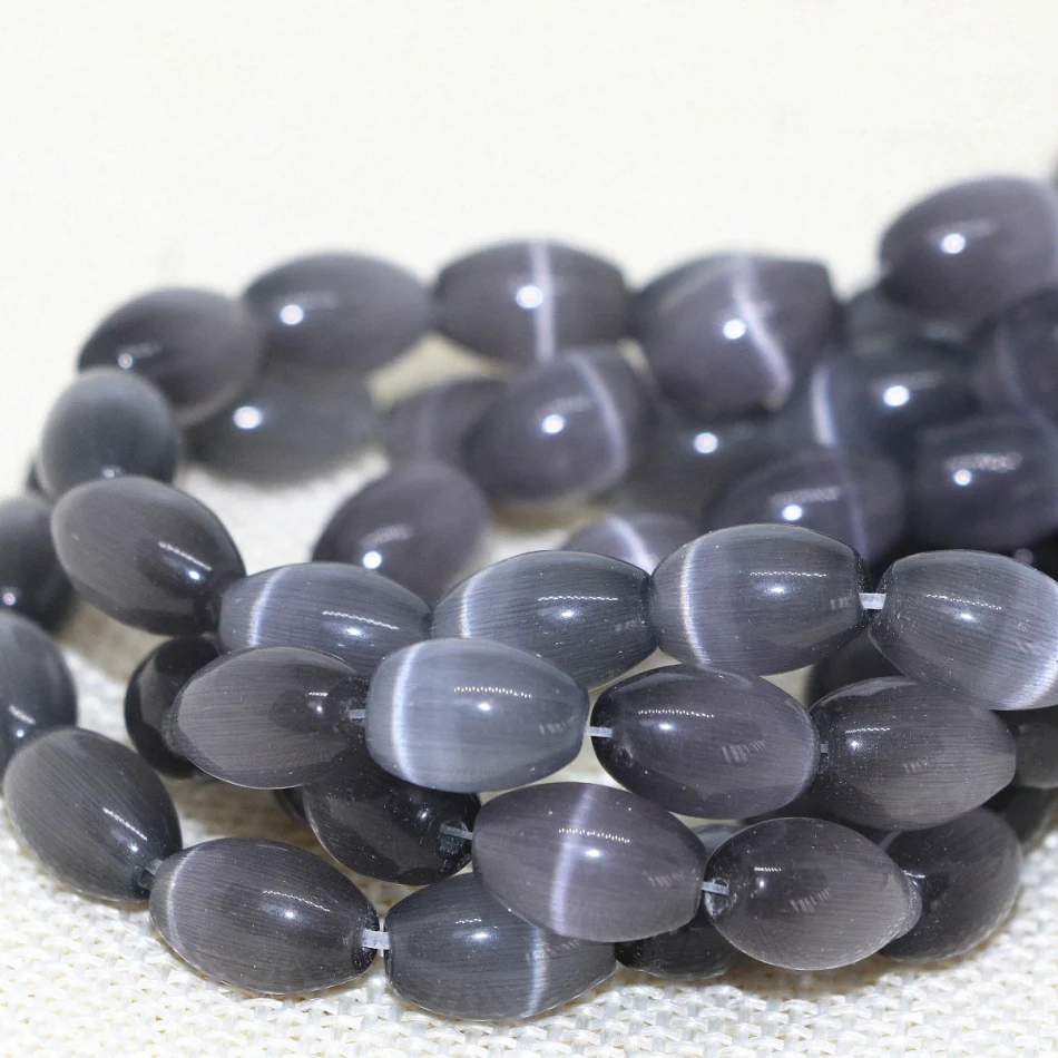

High grade dark gray opal rice barrel beads cat's eyes stone crystal 8*12mm fashion wholesale price charms jewelry 14inch B1559