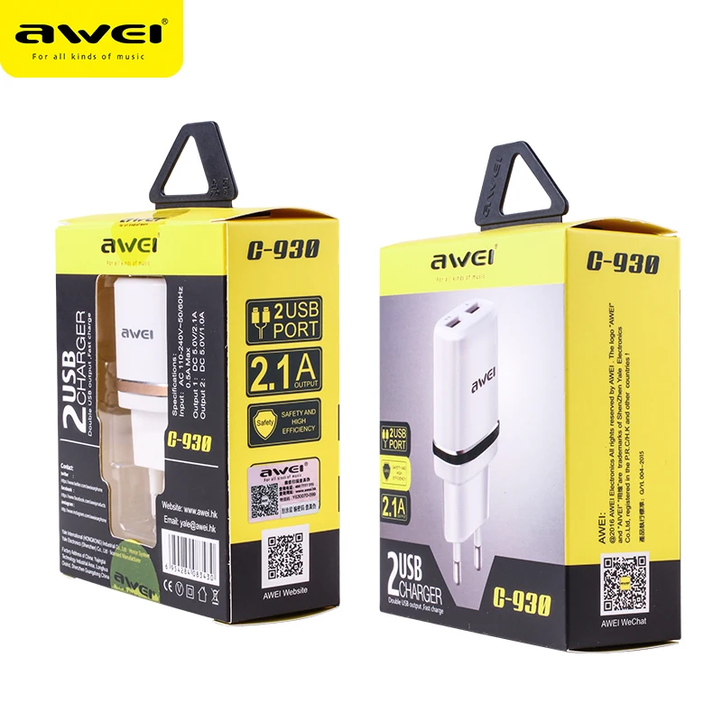 Awei C-930, двойной USB, универсальный AC110-240V для быстрой зарядки, для iphone 7, 8, huawei, разъем для телефона, быстрая зарядка, зарядное устройство для samsung S8, S9
