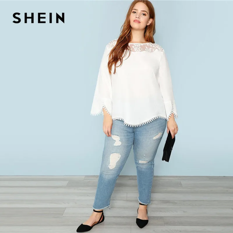 SHEIN Блузка С Кружевной Отделкой И Длинным Рукавом Нарядная Однотонная Блузка Размера Плюс