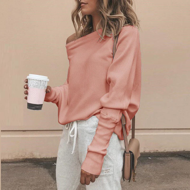 

Lantern Sleeve Off the Shoulder Sweater Women Jumper 2018 Winter Knitted Pullover and Sweater Female Pull Femme Gray White