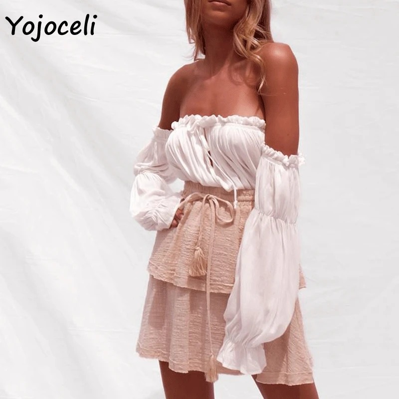 Yojoceli 2018 хлопковые блузки с открытыми плечами и рюшами рубашка для женщин уличная
