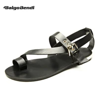 size 38 45 mens genuine leather casual beach flats roman gladiator summer t strap sandals outdoor shoes