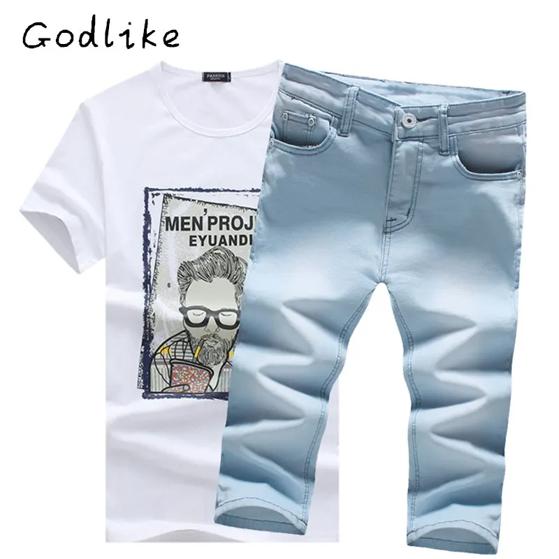 GODLIKE новая мужская футболка Повседневный джинсовый костюм с шортами Корейская