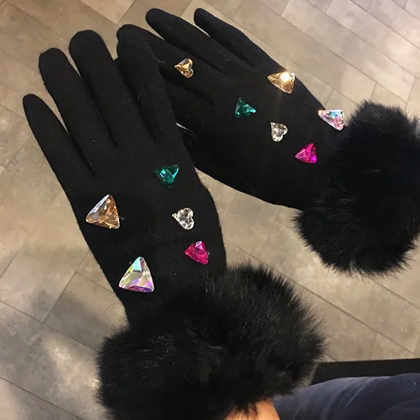 

2017 Brand Luxury Women's Winter Wool Gloves Colorful Crystal Real Rabbit Fur Elegant Fur Gloves Female Mittens Cashmere Gloves