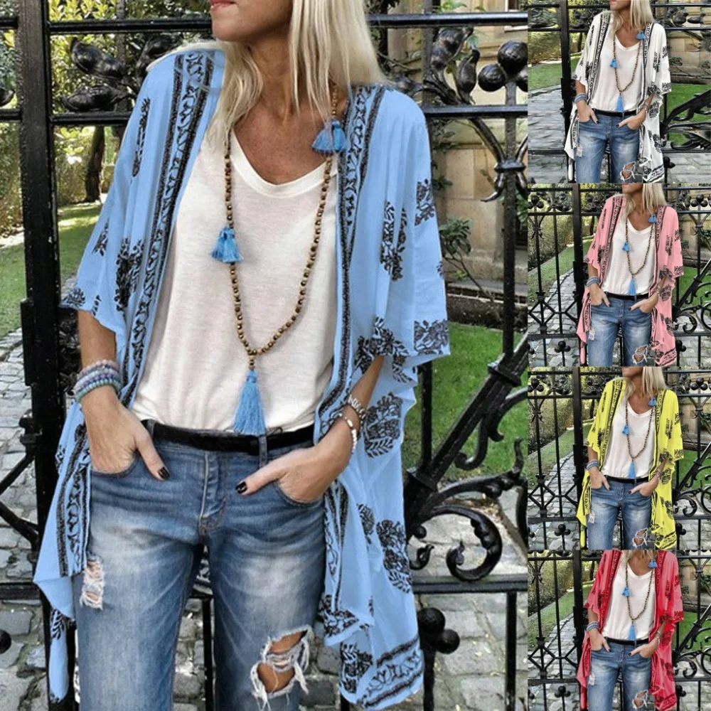 Harajuku женский модный Boho с принтом солнцезащитный полурукав свободный прозрачный шифоновый кардиган blusas de inverno feminina ED