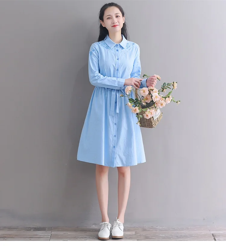 Blue Mori Girl осень весна женское милое платье розовый синий Цветочная вышивка элегантное платье хлопок лен Винтаж Kawaii рубашка Корея платье - Цвет: Blue