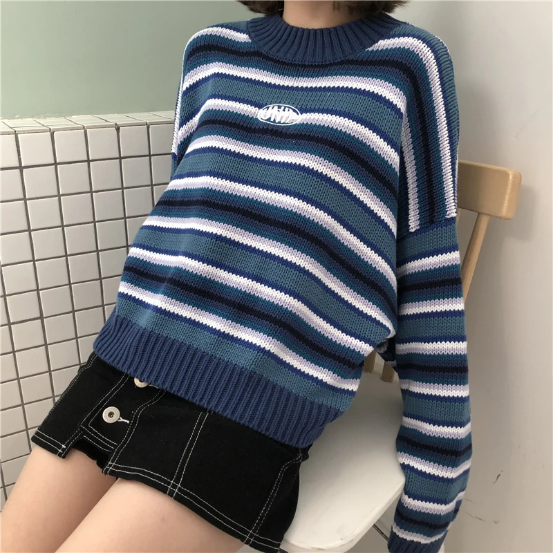 

Women's Clothing Autumn Korea ulzzang preppy Style loose harajuku Embroidery Striped O-neck long lantern Sleeve New Sweaters