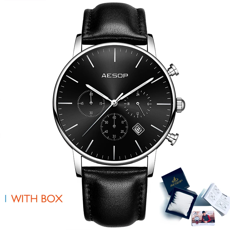 AESOP черные спортивные часы мужские кварцевые наручные кожаный ремешок