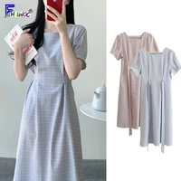 vintage dresses hot sales woman summer short sleeve cute sweet korea japan style design blue pink lattice plaid dress 6815