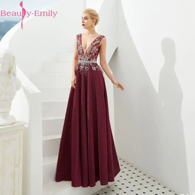Вечернее платье Beauty Emily длинное 2020 с треугольным вырезом без рукавов а-силуэта
