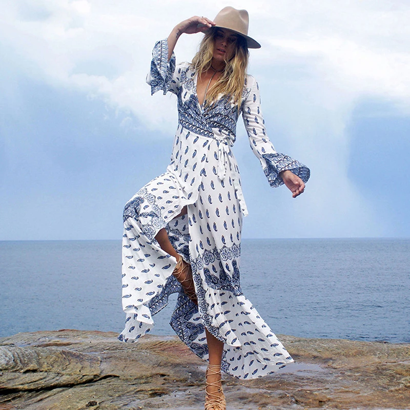 Женское платье с длинным рукавом Boho летнее пляжное туника высоким разрезом