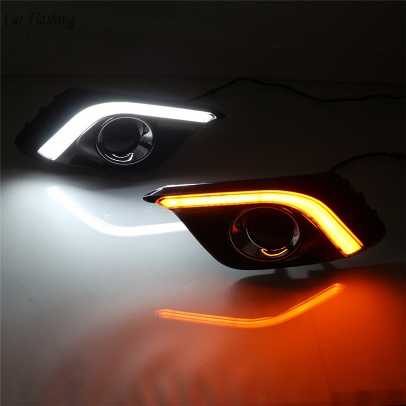 Автомобильный мигающий 2 шт. для Mazda 3, Мазда 3, Axela 2013,,, светодиодный DRL Дневной ходовой светильник, противотуманный желтый указатель поворота, Стайлинг