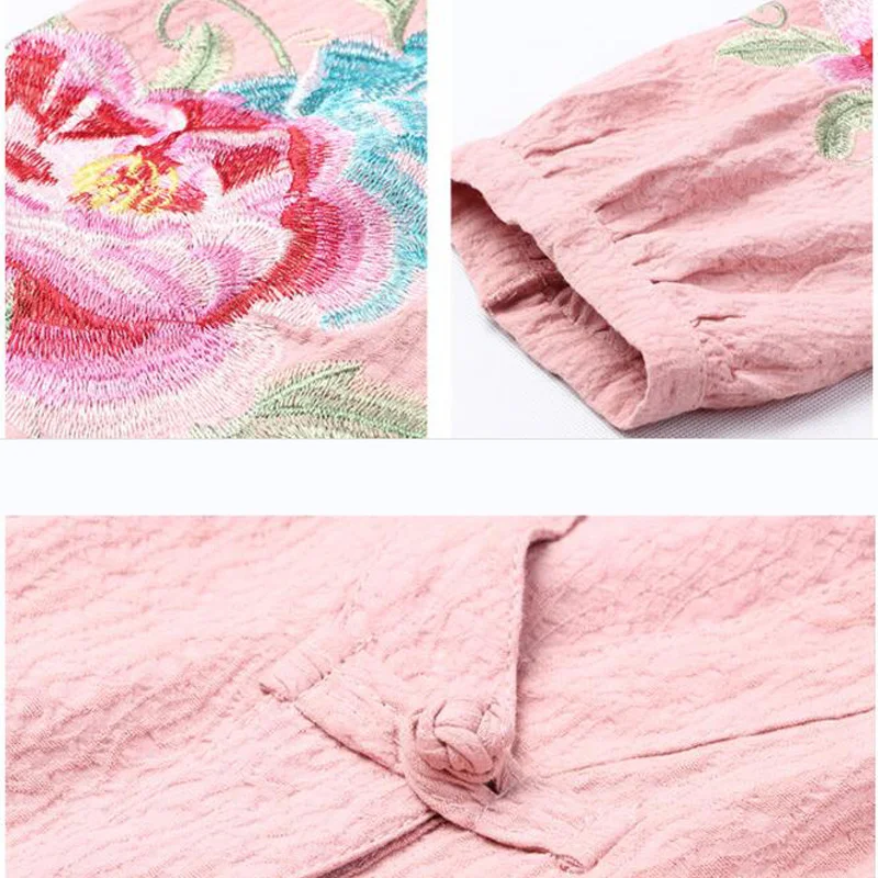 

spring Cotton Linen Vintage Long sleeve Blouses women white Loose Comfortable V-Neck Embroidery Shirts summer new Shirts women