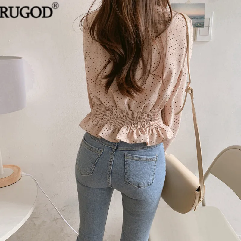 Женская блузка в горошек RUGOD повседневная короткая Корейском стиле с v образным